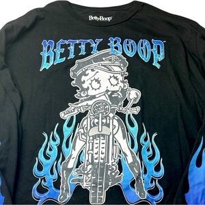 Betty Boop Bikercore Flame Graphic Long Sleeve Shirt‎ Women’s 2XL Black Blue Tee
